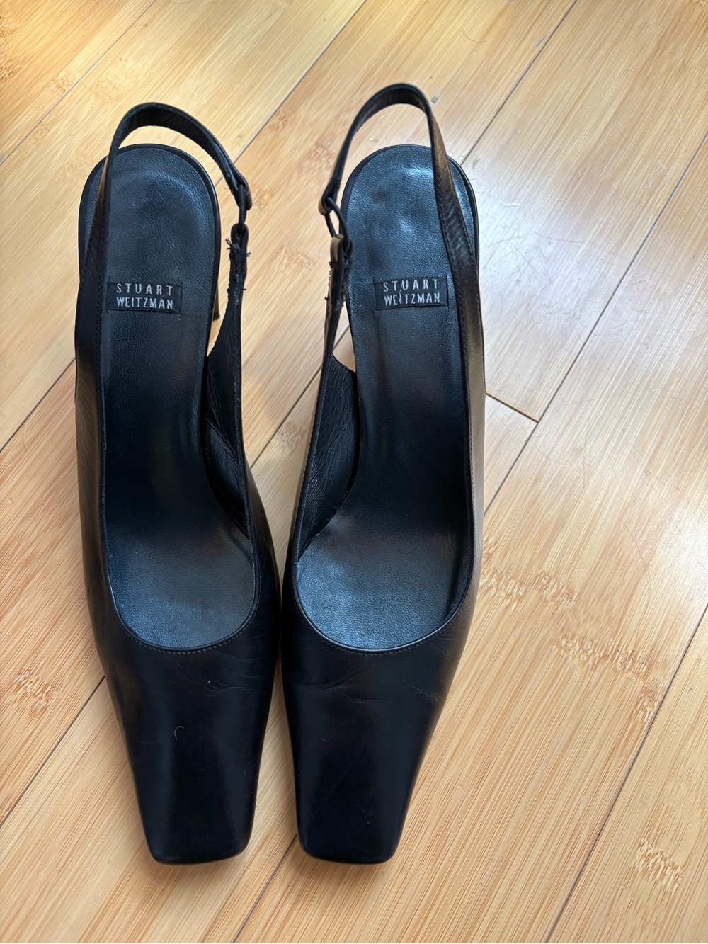 Stuart Weitzman Black Leather Square-Toe Slingbacks